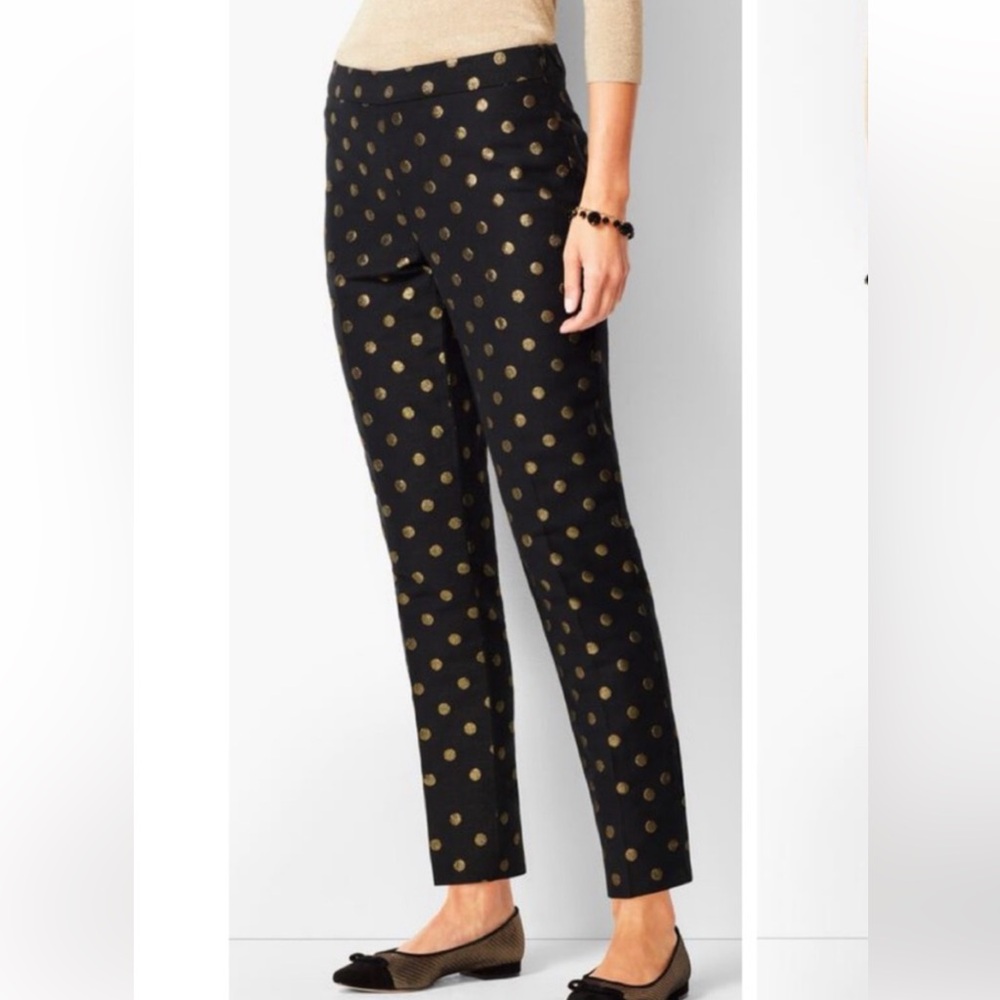 Talbots Black Ankle Pants with Gold Polka Dots size 8